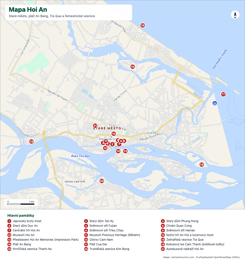 Mapa Hoi An se Starým městem, plážemi, řemeslnickými vesnicemi a 21 očíslovanými místy