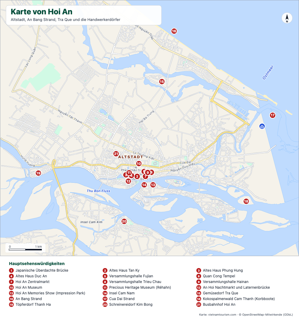 Karte von Hoi An mit der Altstadt, Stränden, Handwerkerdörfern und 21 nummerierten Sehenswürdigkeiten