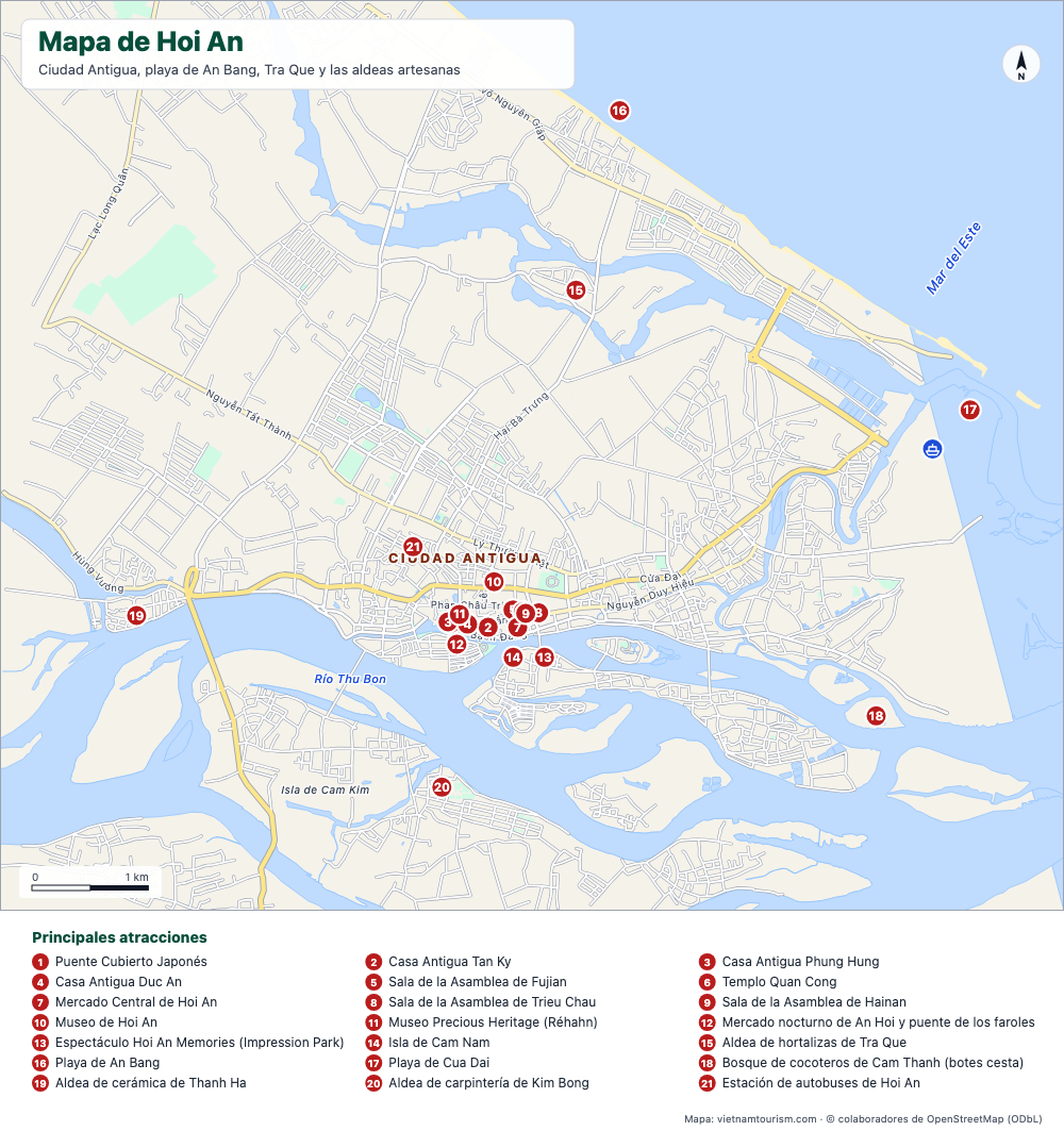 Mapa de Hoi An con la ciudad antigua, las playas, las aldeas de artesanos y 21 lugares numerados