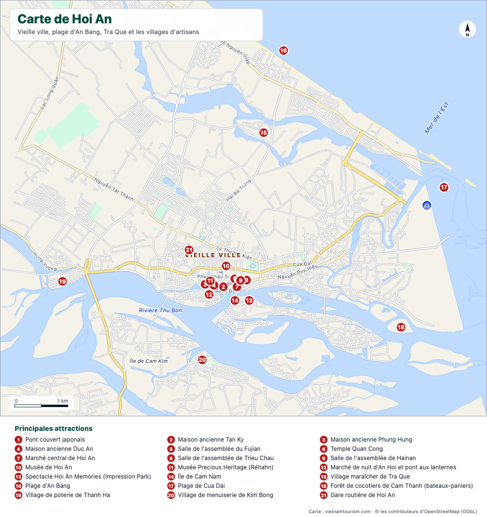 Carte de Hoi An avec la vieille ville, les plages, les villages d'artisans et 21 lieux numérotés