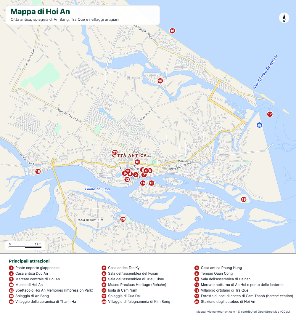 Mappa di Hoi An con la Città Antica, le spiagge, i villaggi artigiani e 21 luoghi numerati