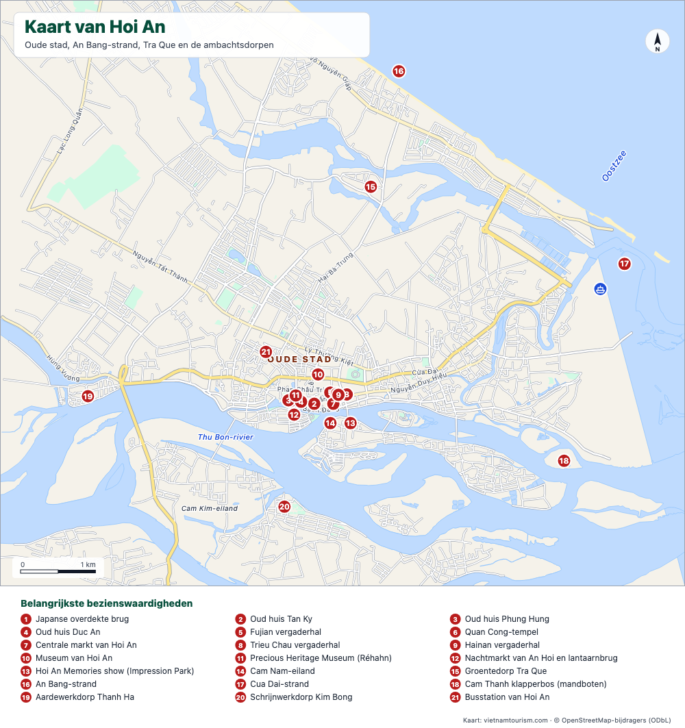 Kaart van Hoi An met de oude stad, stranden, ambachtsdorpen en 21 genummerde bezienswaardigheden