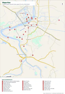 Mapa Hue s Citadelou, královskými hrobkami, řekou Perfume a 26 číslovanými místy