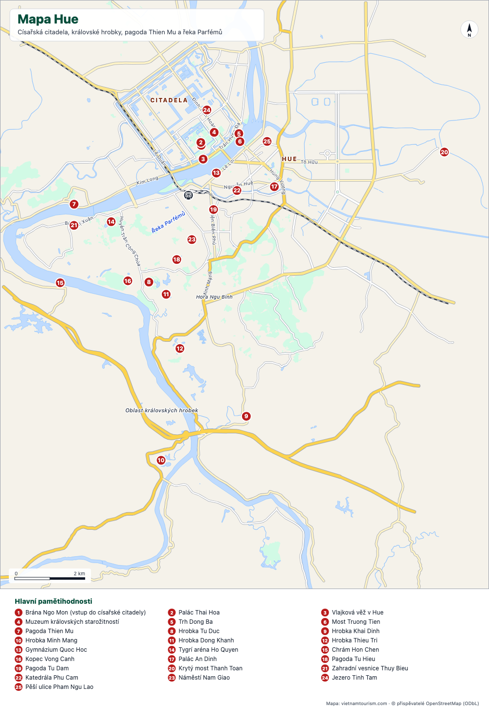 Mapa Hue s Citadelou, královskými hrobkami, řekou Perfume a 26 číslovanými místy