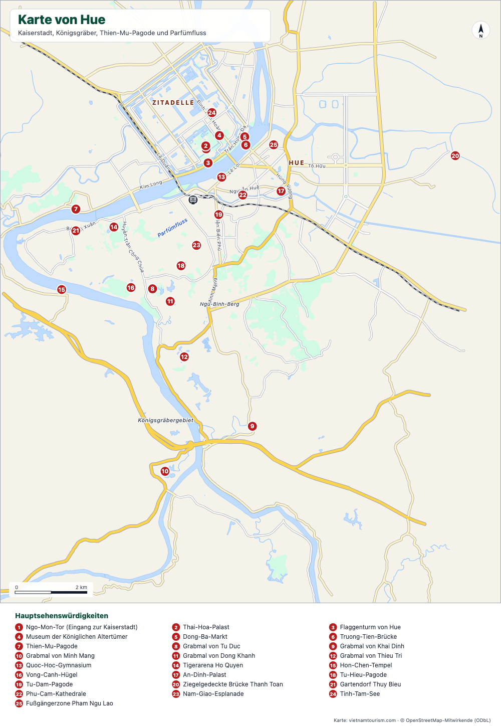 Karte von Hue mit der Zitadelle, den Königsgräbern, dem Parfümfluss und 26 nummerierten Sehenswürdigkeiten