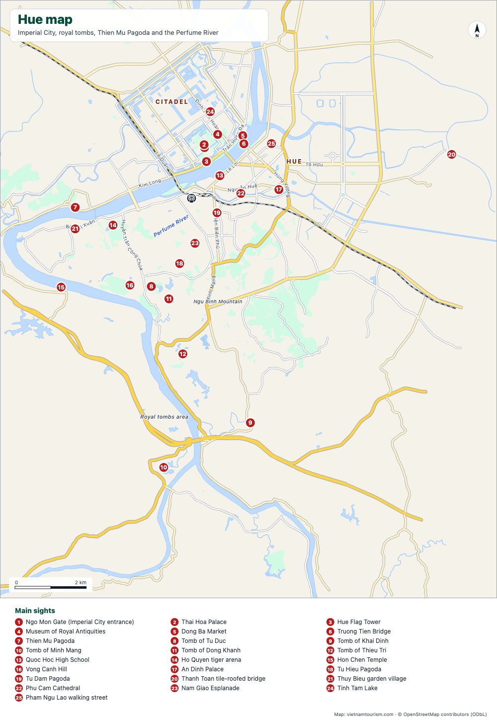 Map of Hue with the Citadel, the royal tombs, the Perfume River and 26 numbered sights