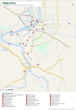 Mappa di Hue con la Cittadella, le tombe reali, il Fiume dei Profumi e 26 luoghi numerati