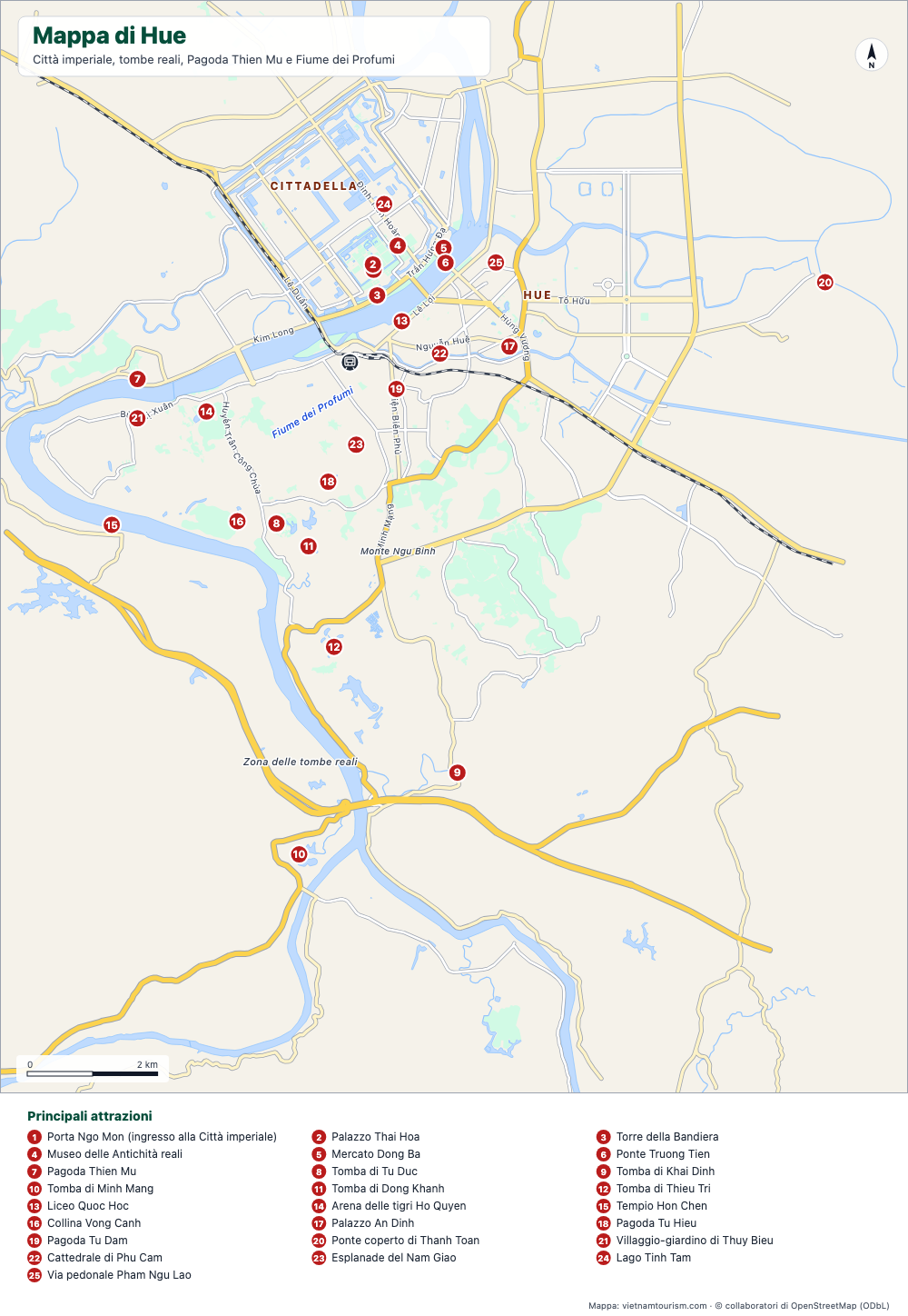 Mappa di Hue con la Cittadella, le tombe reali, il Fiume dei Profumi e 26 luoghi numerati