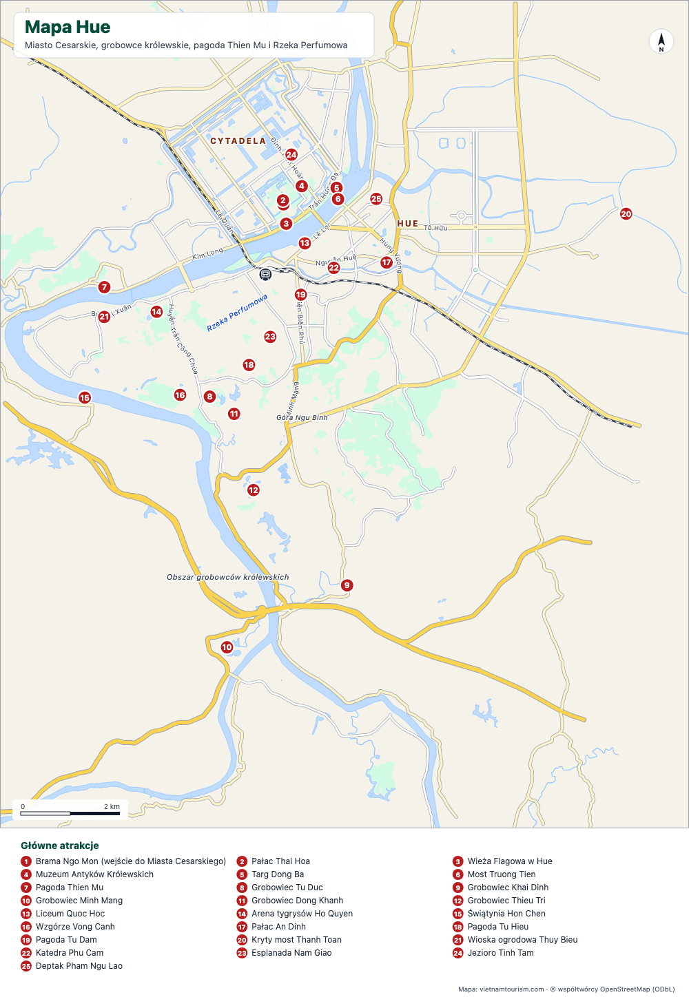 Mapa Hue z Cytadelą, królewskimi grobowcami, Rzeką Perfumową i 26 ponumerowanymi miejscami