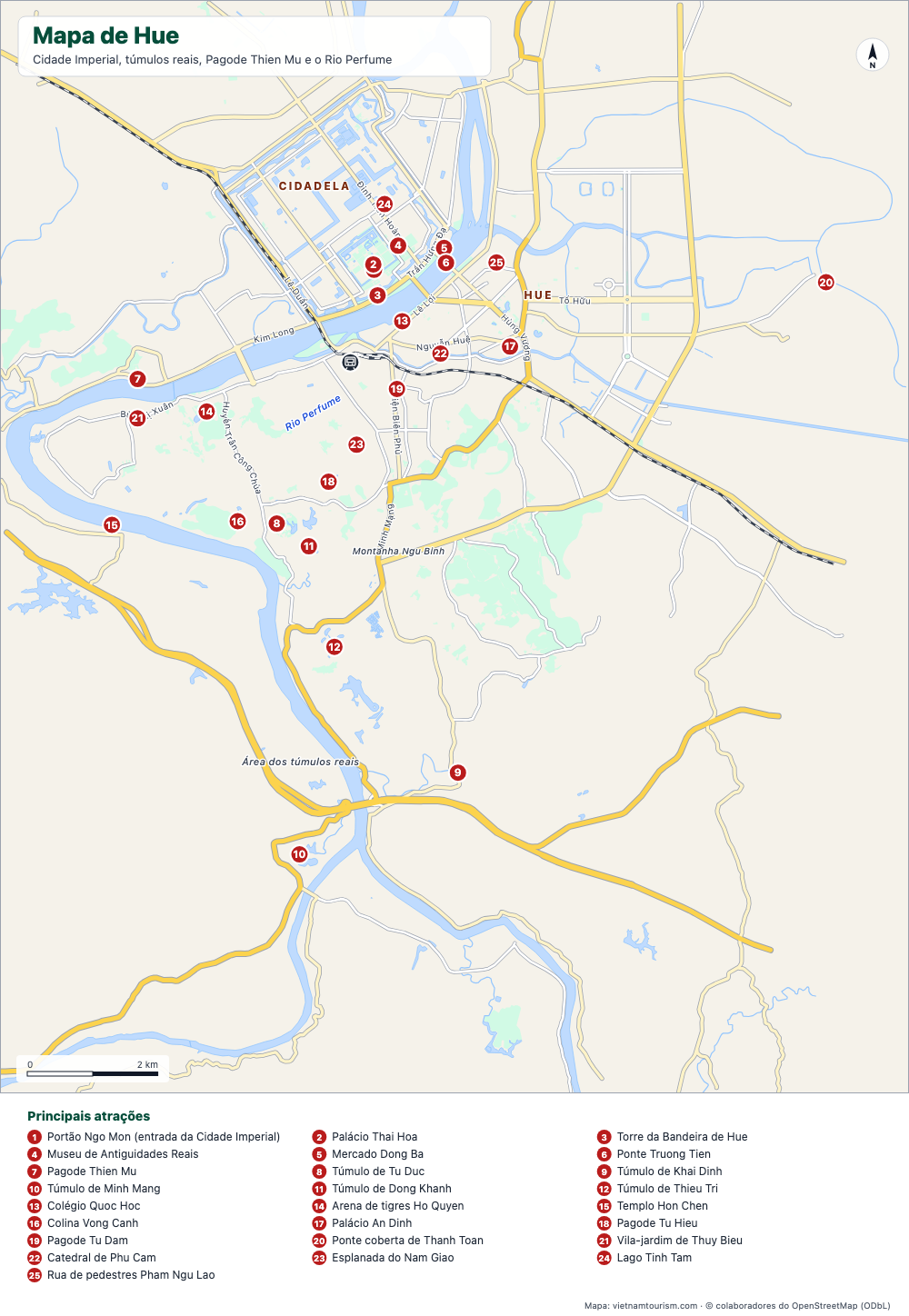 Mapa de Hue com a Cidadela, os túmulos reais, o Rio Perfume e 26 pontos numerados