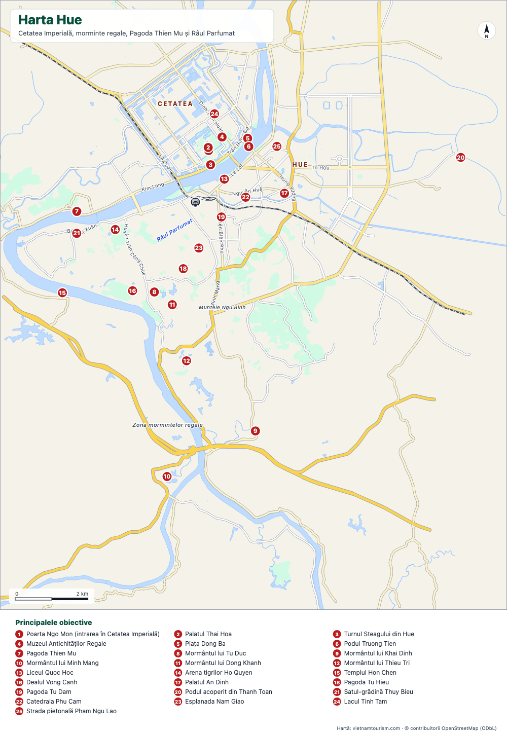 Hartă a orașului Hue cu Cetatea, mormintele regale, Râul Parfumat și 26 de obiective numerotate