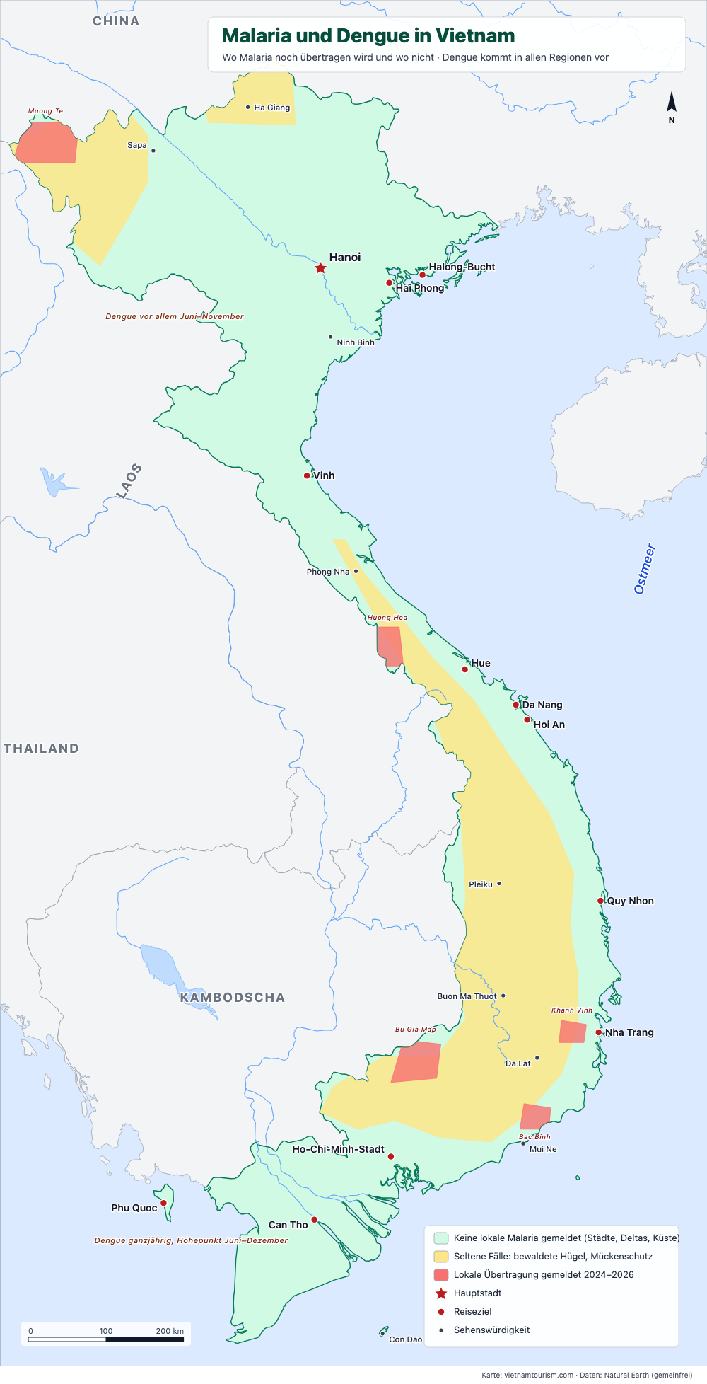 Karte von Vietnam mit Malaria-Übertragungsgebieten und malariafreien Zonen, mit Hinweisen zu Dengue