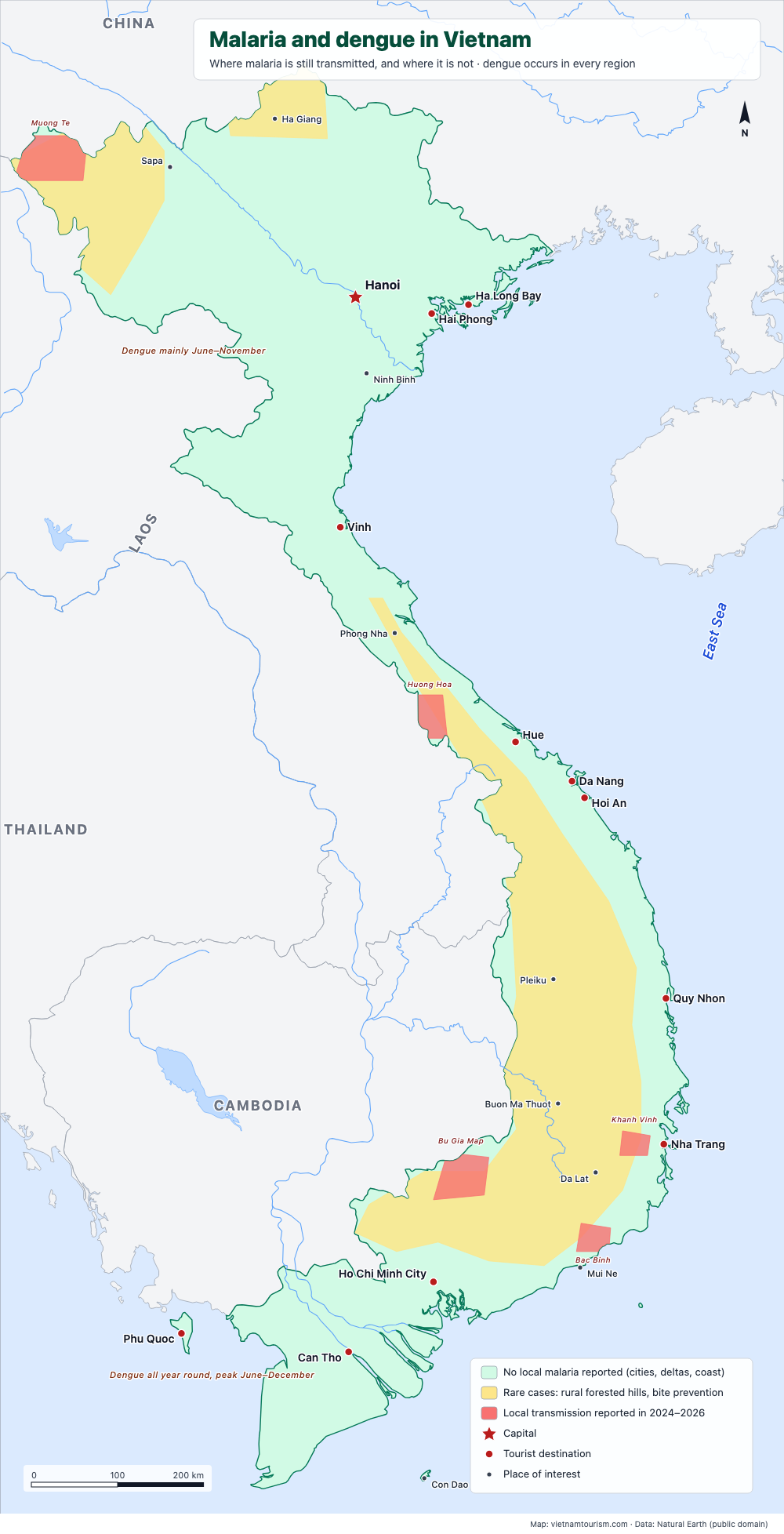 Map of Vietnam showing malaria transmission zones and malaria-free areas, with notes on dengue