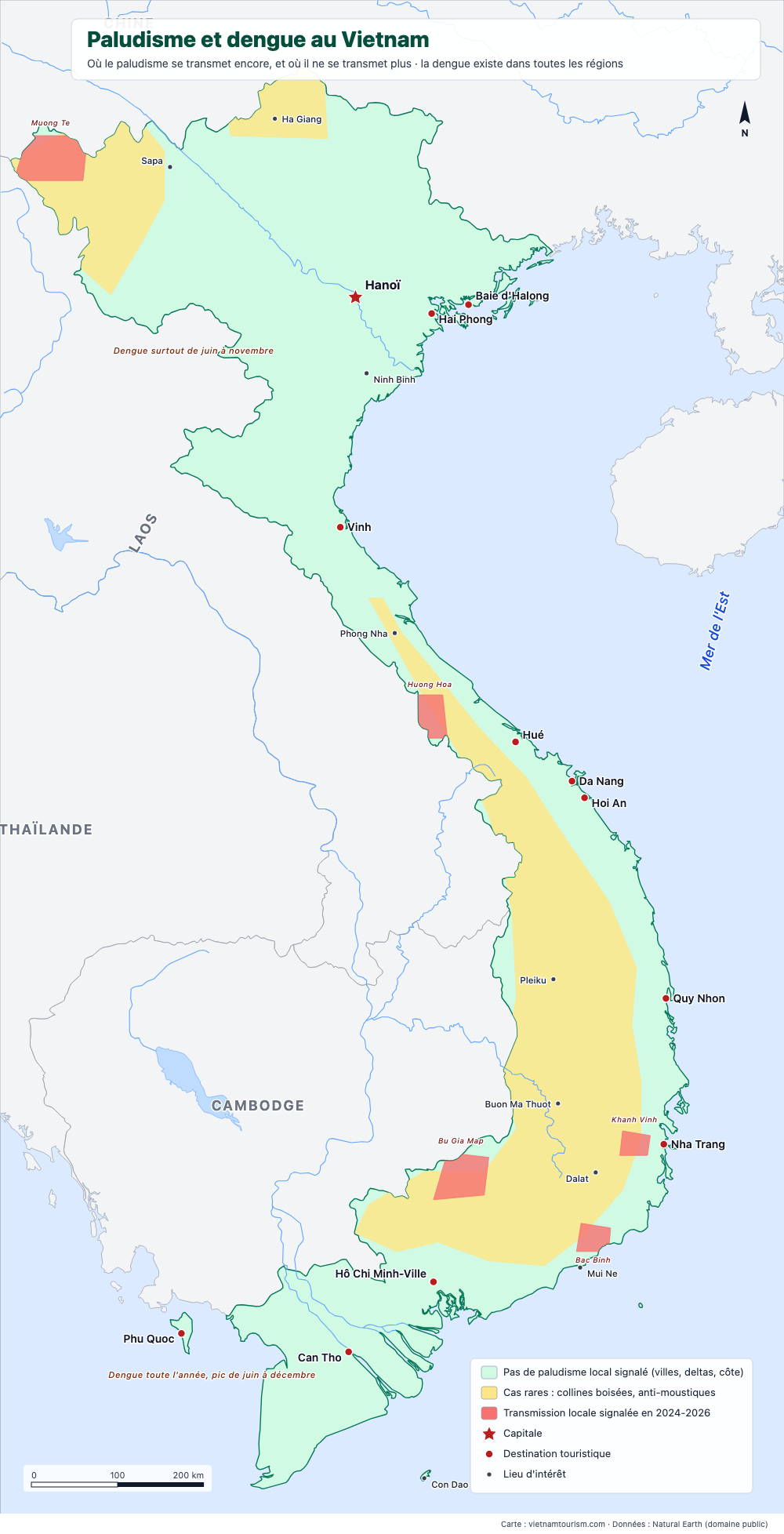Carte du Vietnam montrant les zones de transmission du paludisme et les zones sans paludisme, avec des repères sur la dengue