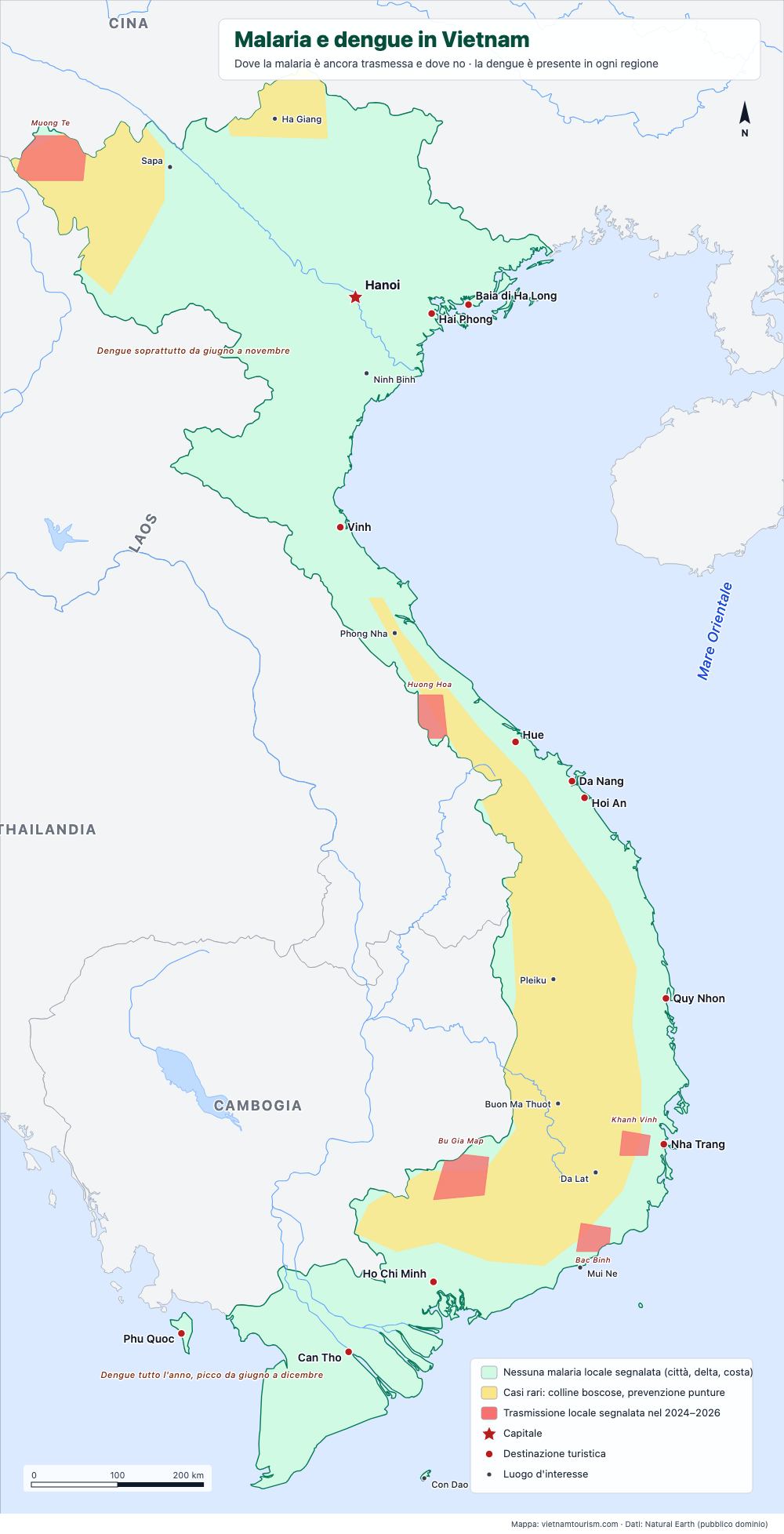 Mappa del Vietnam con le zone di trasmissione della malaria e le aree senza malaria, con note sulla dengue