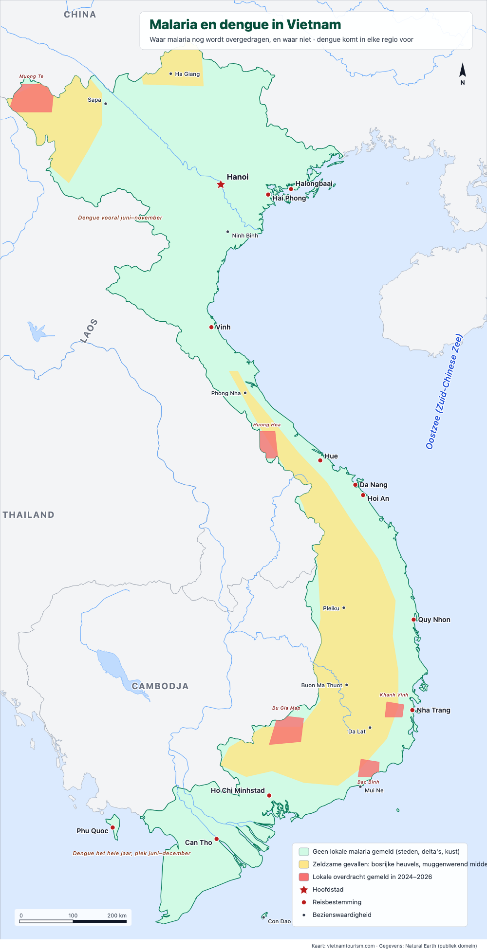 Kaart van Vietnam met malariatransmissiezones en malarijavrije gebieden, met notities over dengue