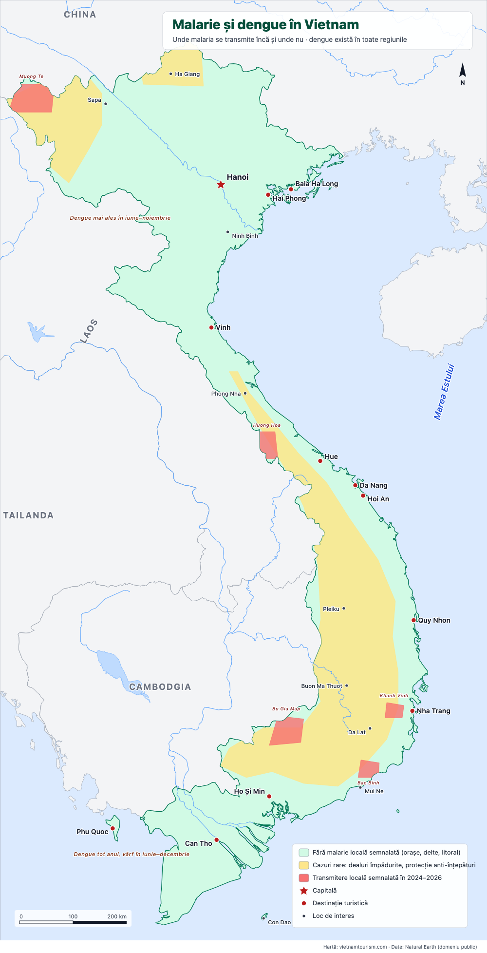 Hartă a Vietnamului care arată zonele de transmitere a malariei și zonele fără malarie, cu note despre dengue