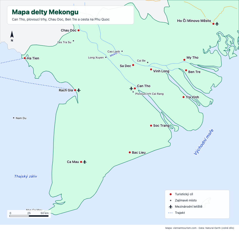 Mapa delty Mekongu s 21 městy a památkami, řekami, silnicemi a trajekty