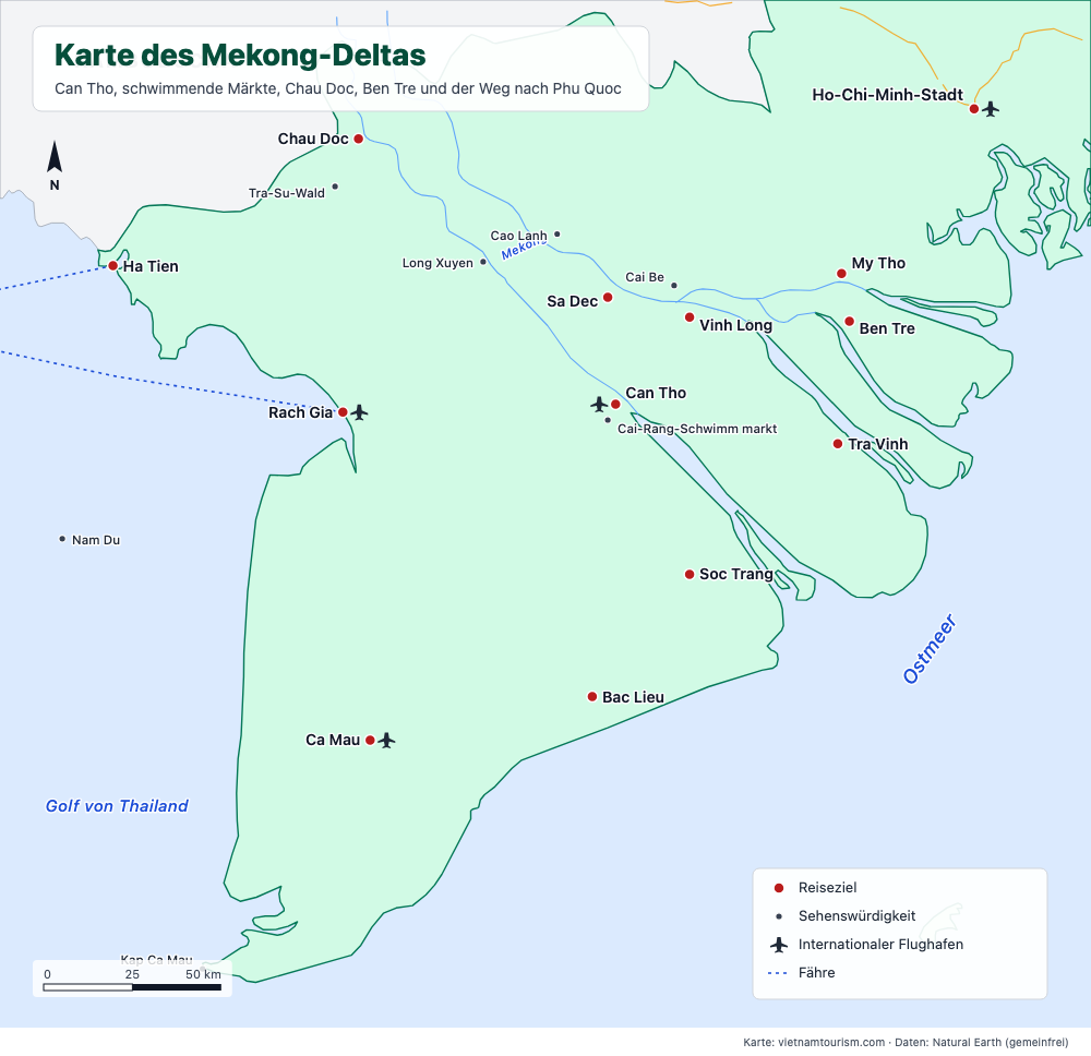 Karte des Mekong-Deltas mit 21 Städten und Sehenswürdigkeiten, Flüssen, Straßen und Fähren