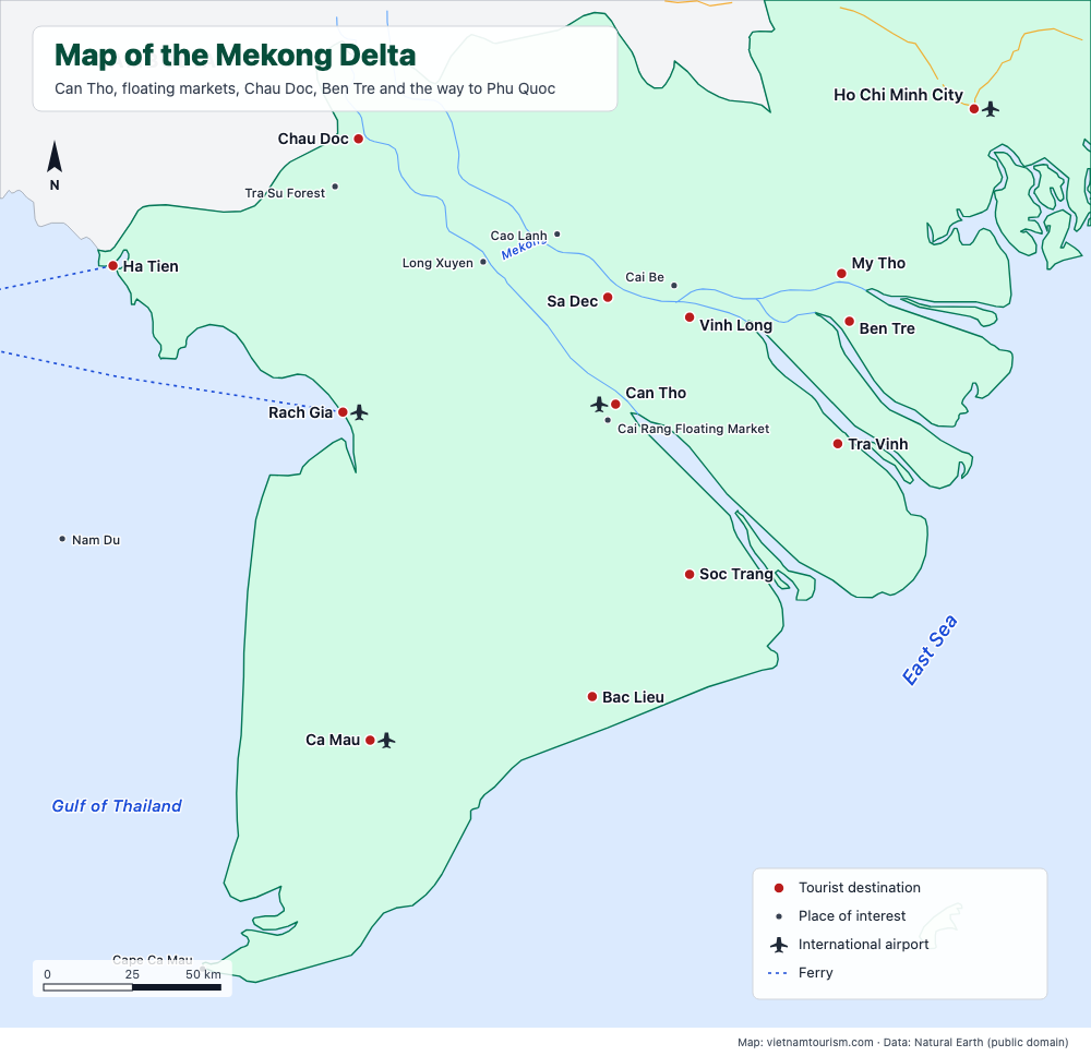 Map of the Mekong Delta with 21 towns and sights, rivers, roads and ferries