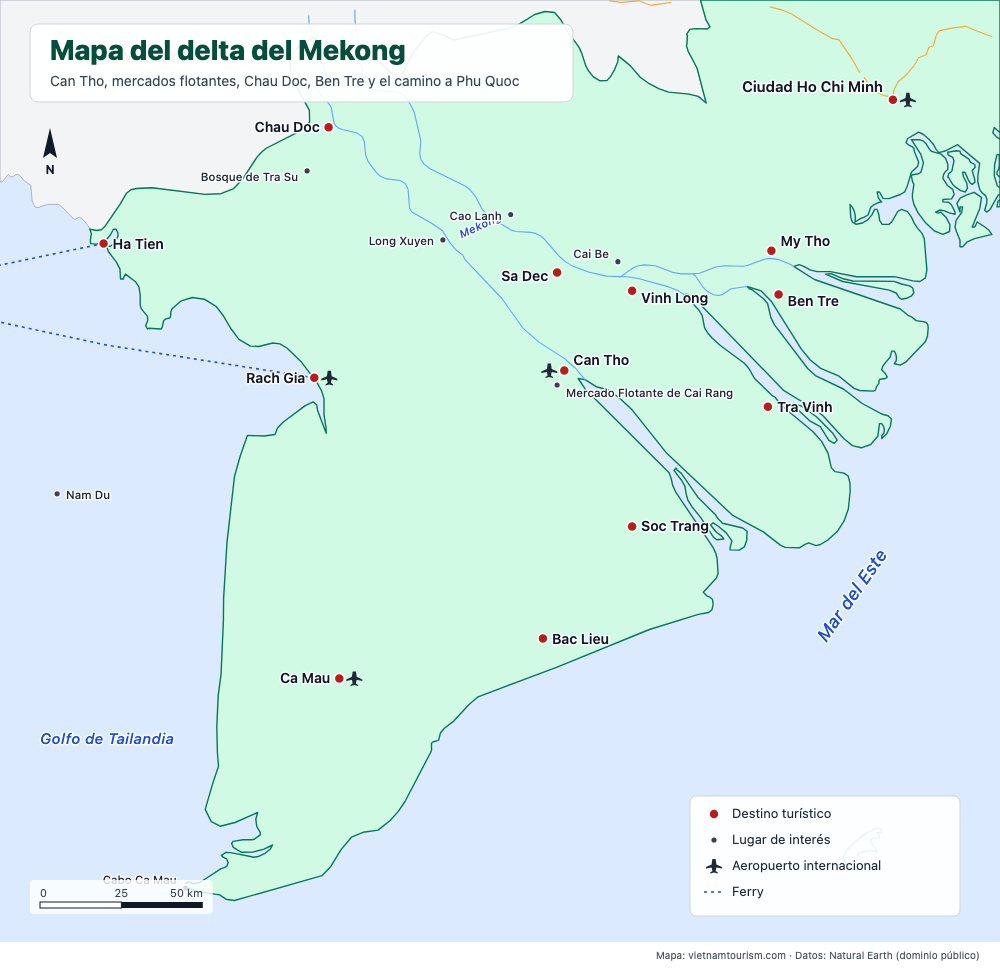 Mapa del delta del Mekong con 21 ciudades y sitios, ríos, carreteras y ferris