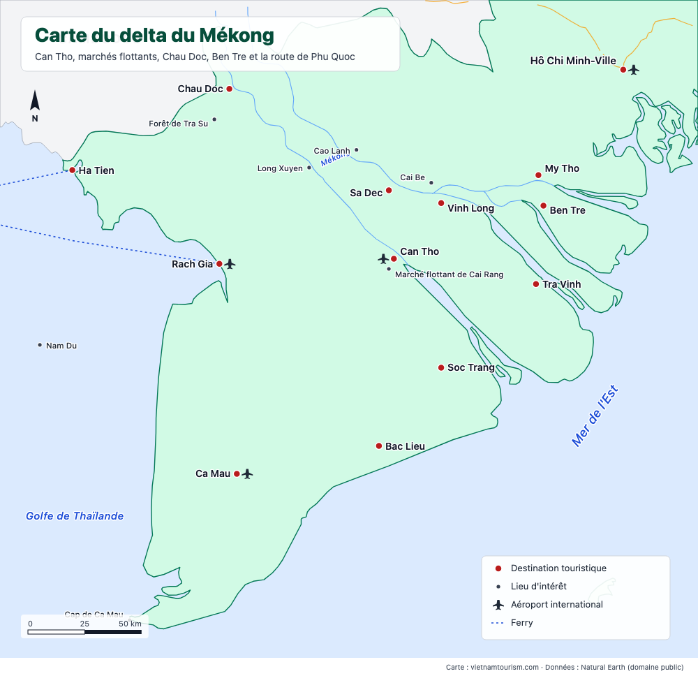 Carte du delta du Mékong avec 21 villes et sites, les fleuves, les routes et les ferries