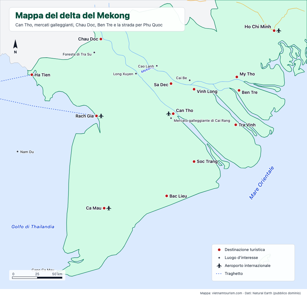 Mappa del delta del Mekong con 21 città e attrazioni, fiumi, strade e traghetti