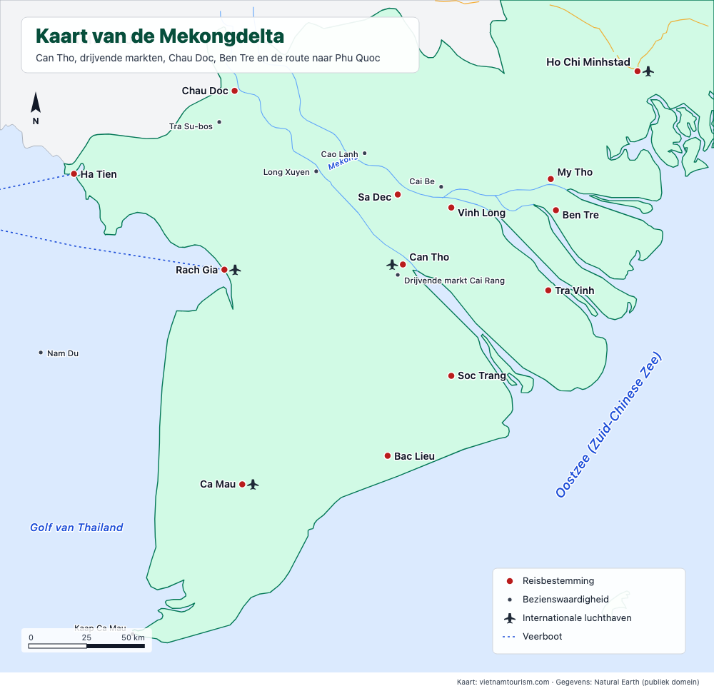 Kaart van de Mekongdelta met 21 steden en bezienswaardigheden, rivieren, wegen en veerboten