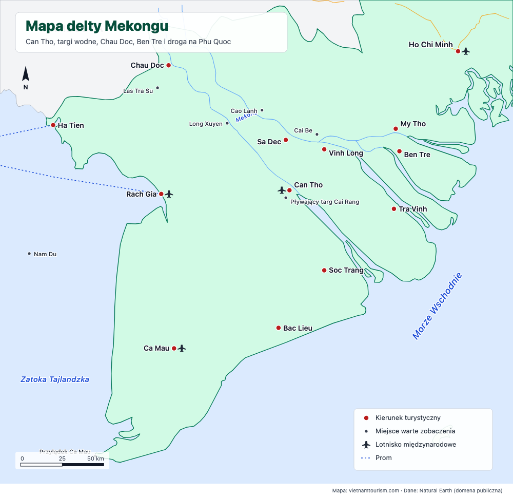 Mapa delty Mekongu z 21 miastami i miejscami, rzekami, drogami i promami