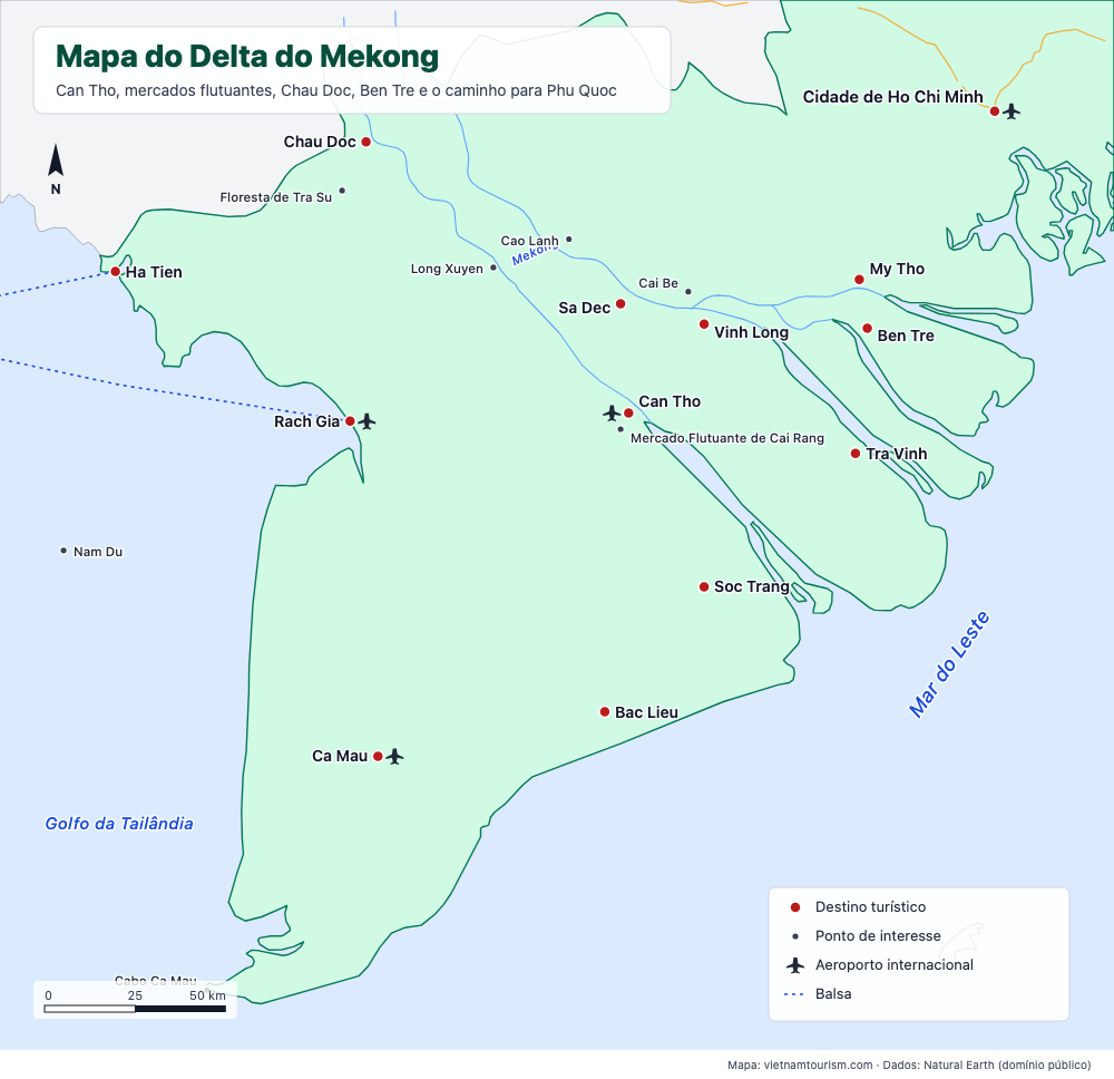 Mapa do Delta do Mekong com 21 cidades e pontos turísticos, rios, estradas e balsas