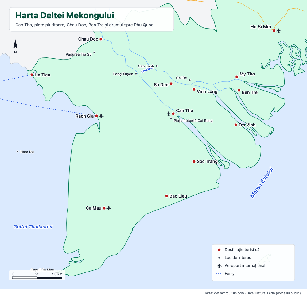 Hartă a Deltei Mekong cu 21 de orașe și obiective, râuri, drumuri și feriboturi