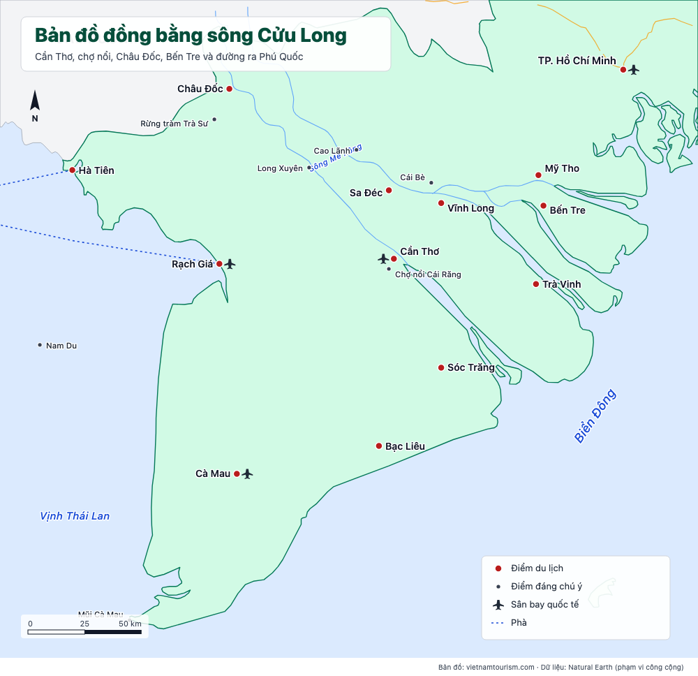 Bản đồ đồng bằng sông Cửu Long với 21 thị trấn và điểm tham quan, sông, đường và phà