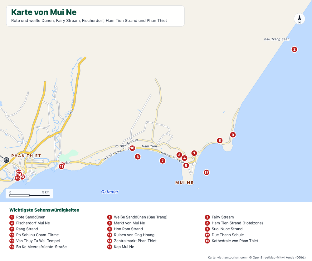 Karte von Mui Ne und Phan Thiet mit Stränden, Dünen und 18 nummerierten Orten
