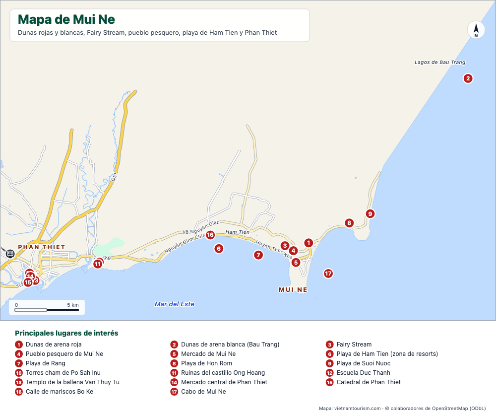 Mapa de Mui Ne y Phan Thiet con playas, dunas y 18 lugares numerados