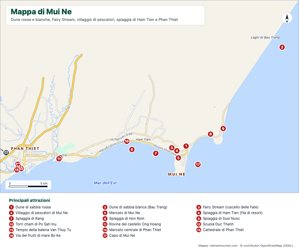 Mappa di Mui Ne e Phan Thiet con spiagge, dune e 18 luoghi numerati