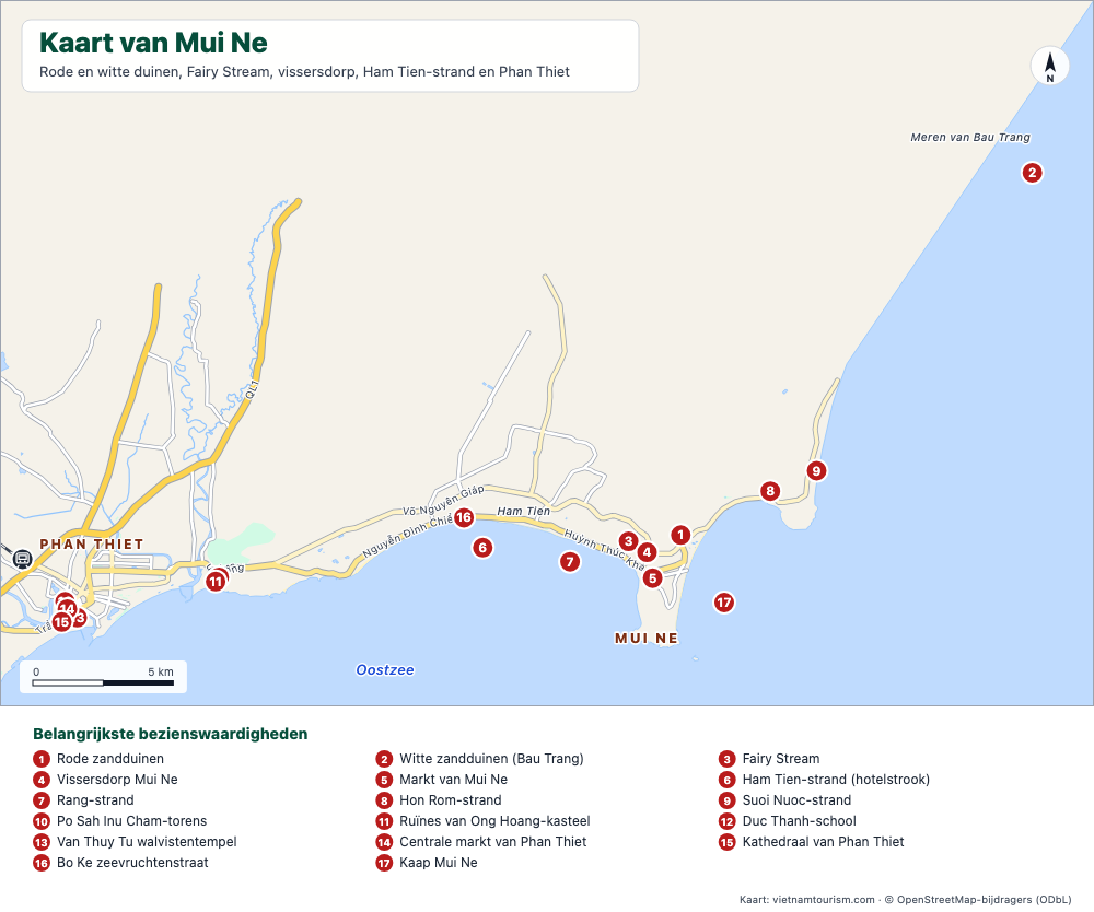 Kaart van Mui Ne en Phan Thiet met stranden, duinen en 18 genummerde plaatsen