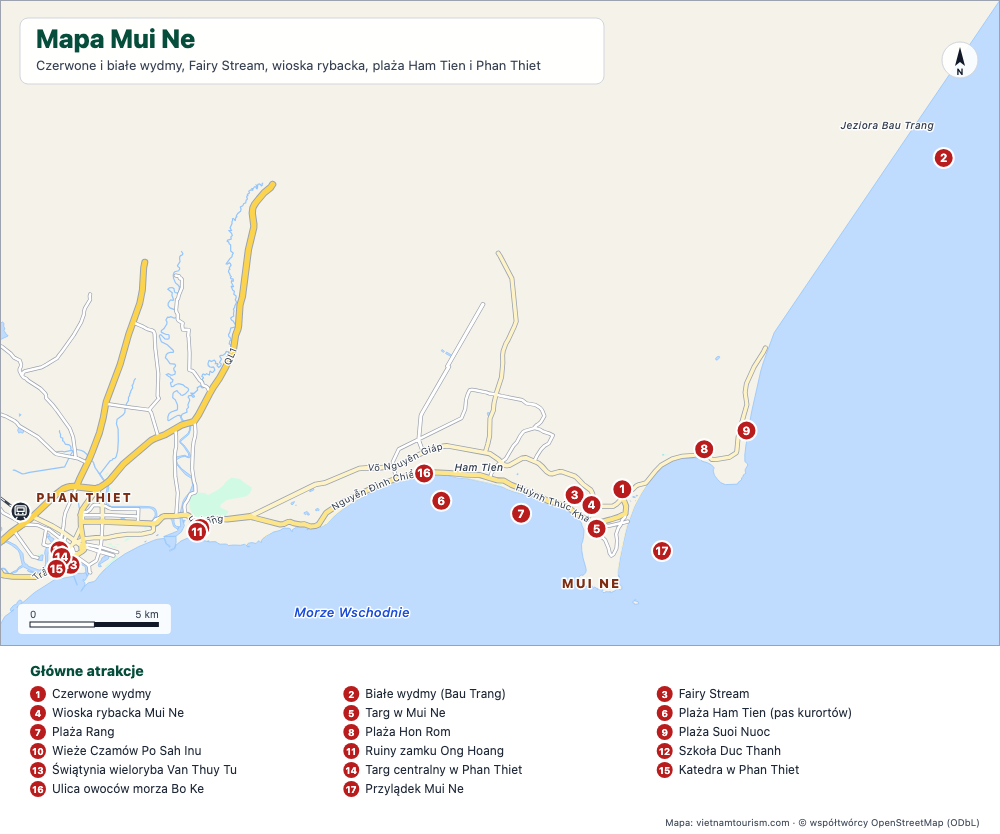 Mapa Mui Ne i Phan Thiet z plażami, wydmami i 18 ponumerowanymi miejscami