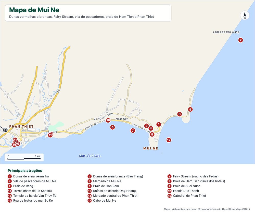 Mapa de Mui Ne e Phan Thiet com praias, dunas e 18 lugares numerados