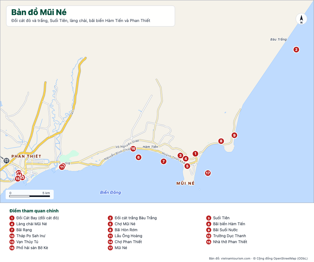 Bản đồ Mũi Né và Phan Thiết với bãi biển, đồi cát và 18 địa điểm được đánh số