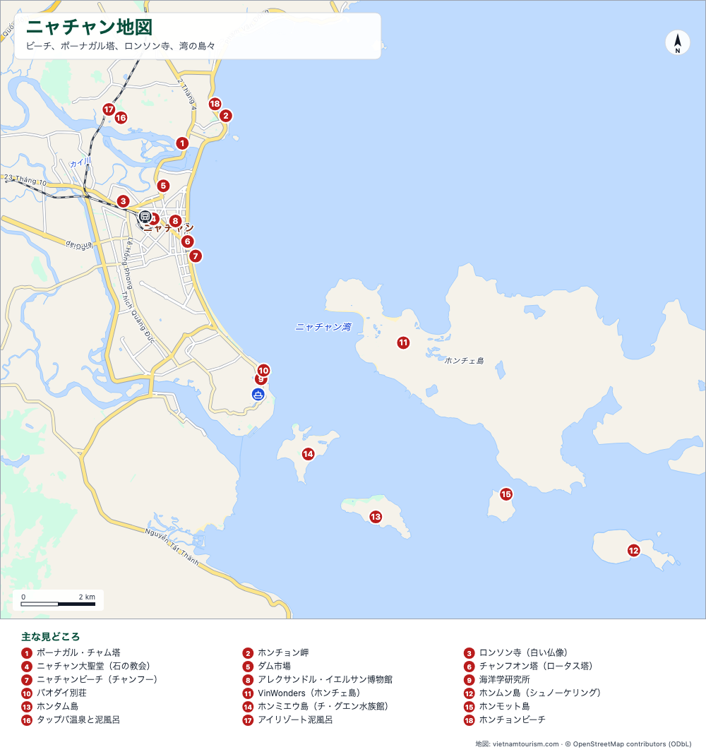 ニャチャンの地図:ビーチ、湾の島々、18の番号付きスポット