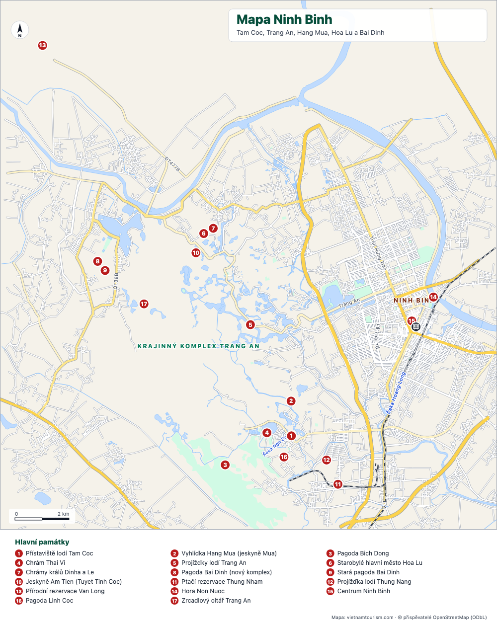 Mapa Ninh Binh a Trang An s 18 číslovanými místy, řekami a silnicemi