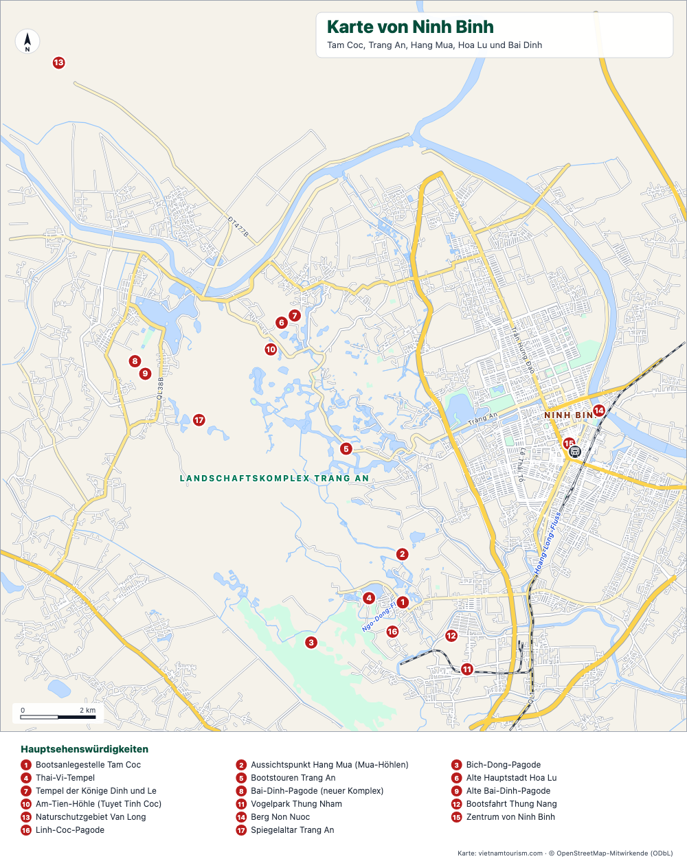 Karte von Ninh Binh und Trang An mit 18 nummerierten Sehenswürdigkeiten, Flüssen und Straßen