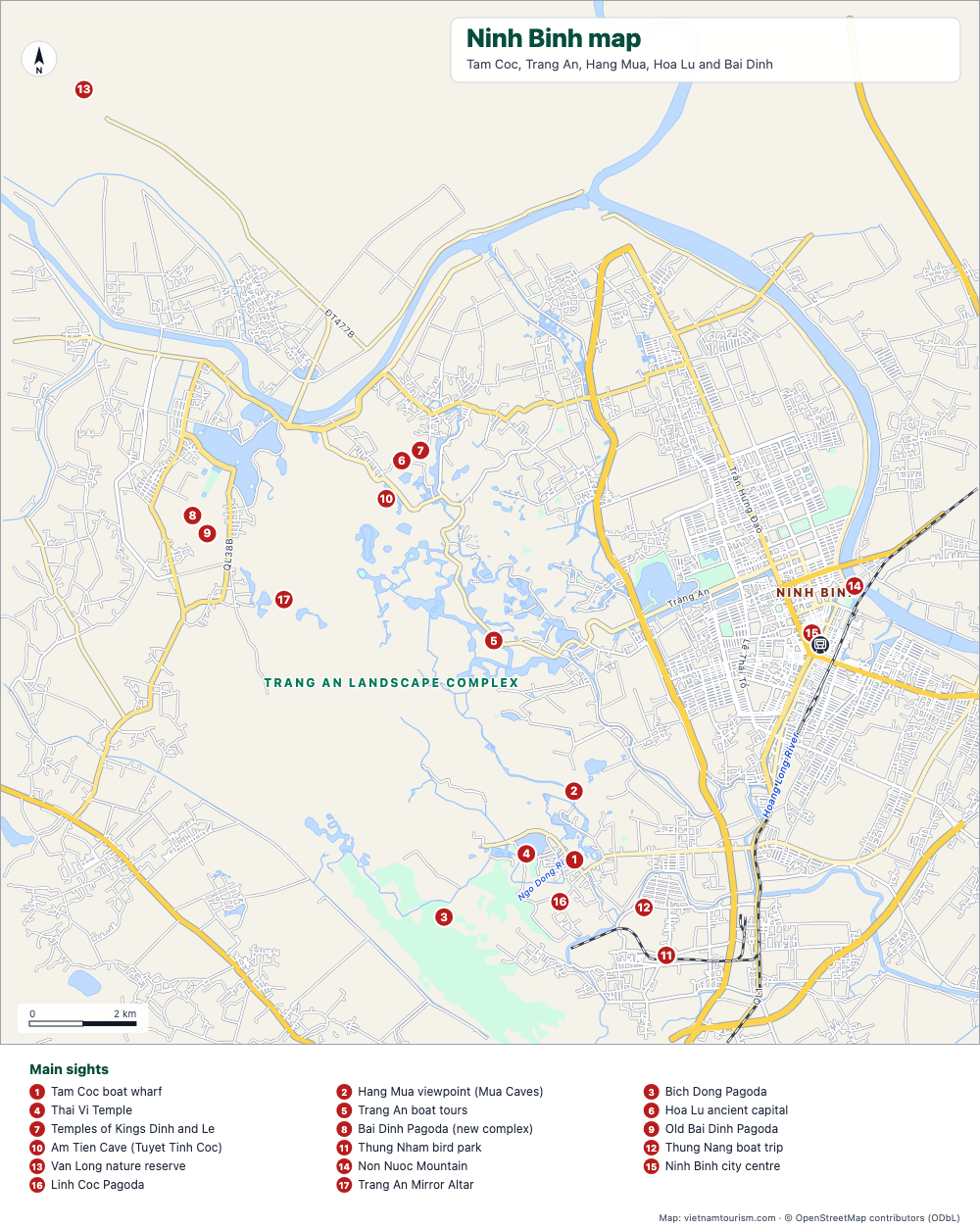 Map of Ninh Binh and Trang An with 18 numbered sights, rivers and roads