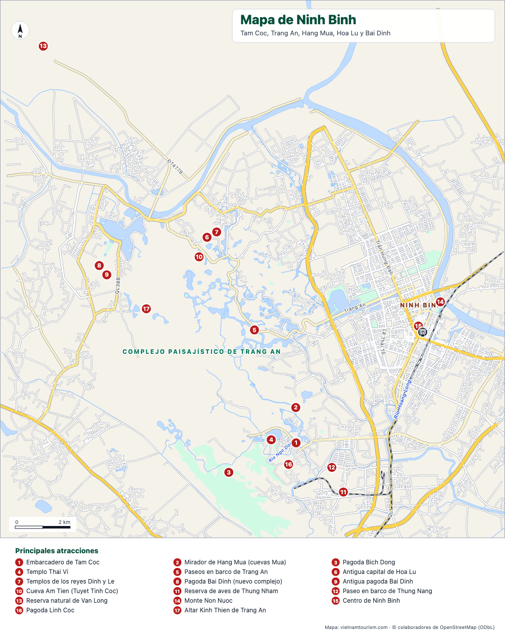 Mapa de Ninh Binh y Trang An con 18 lugares numerados, ríos y carreteras