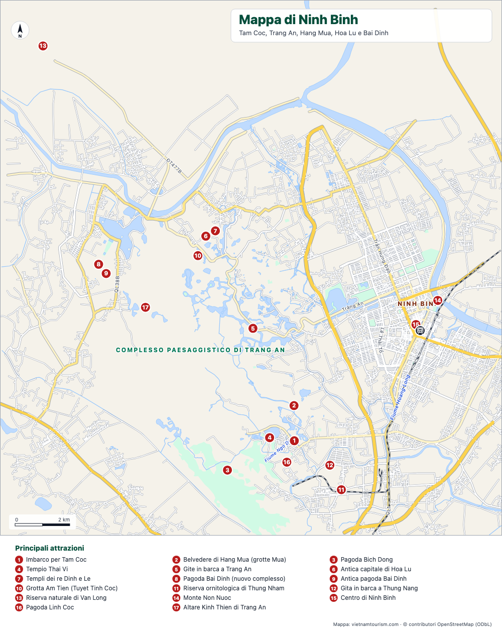 Mappa di Ninh Binh e Trang An con 18 luoghi numerati, fiumi e strade
