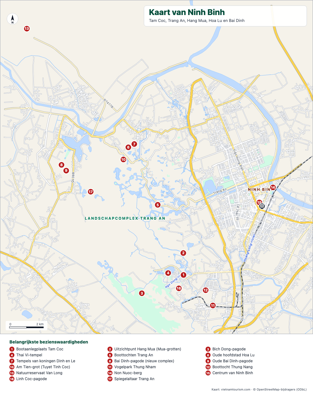 Kaart van Ninh Binh en Trang An met 18 genummerde bezienswaardigheden, rivieren en wegen