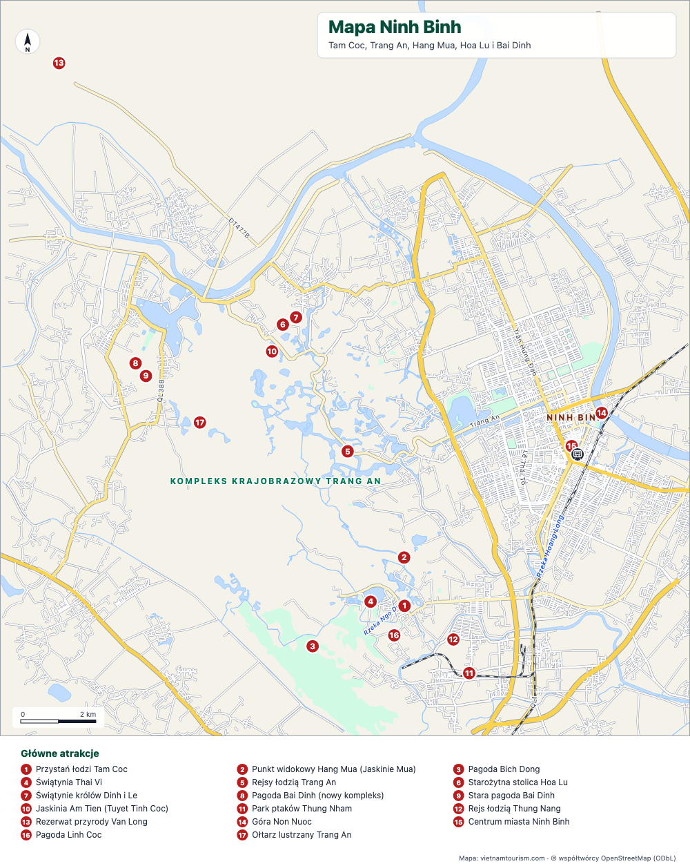 Mapa Ninh Binh i Trang An z 18 numerowanymi miejscami, rzekami i drogami