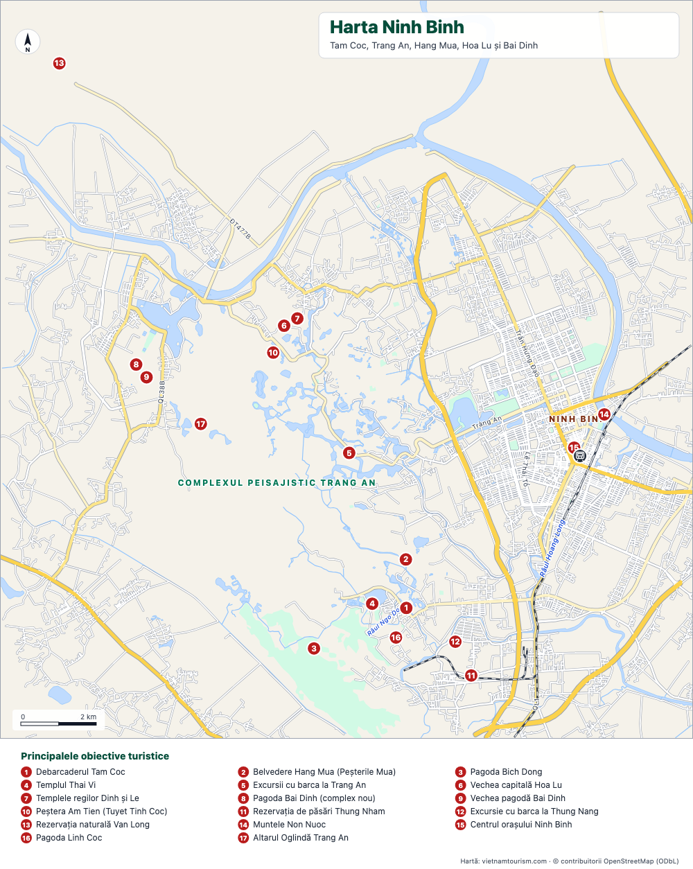 Hartă a zonei Ninh Binh și Trang An cu 18 obiective numerotate, râuri și drumuri