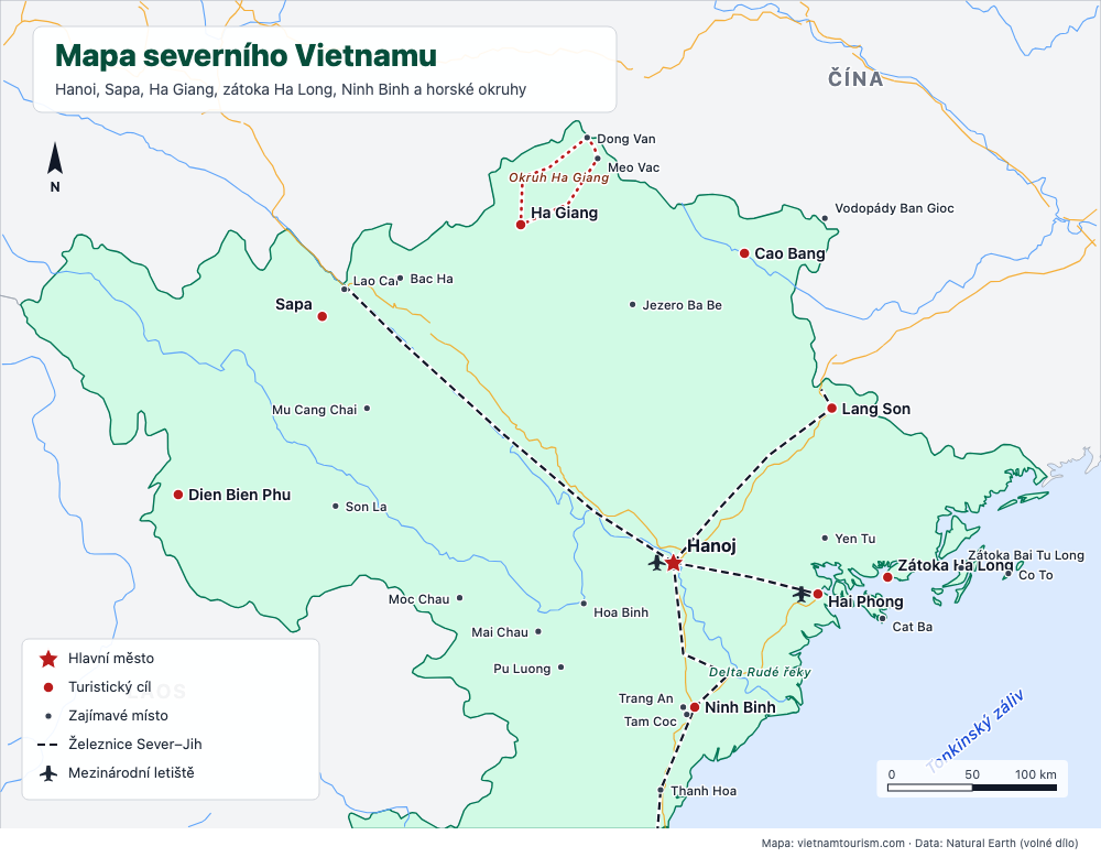 Mapa severního Vietnamu s 28 destinacemi, železničními tratěmi a hlavními silnicemi
