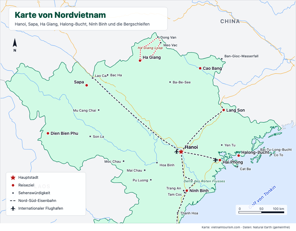 Karte von Nordvietnam mit 28 Reisezielen, Bahnstrecken und Hauptstraßen